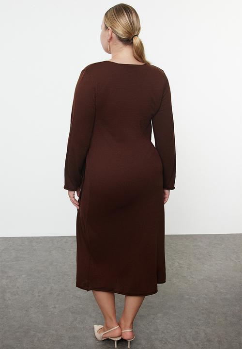 Trendyol - Double Breasted Tie Detailed Midi Knitwear Dress - Brown 