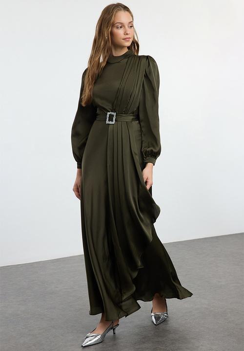 Trendyol - Belt Detailed Evening Dress - Green