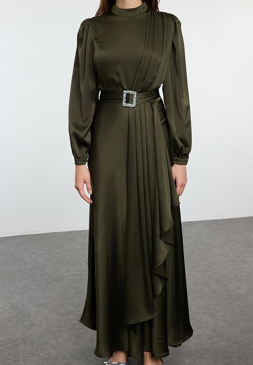 Trendyol - Belt Detailed Evening Dress - Green