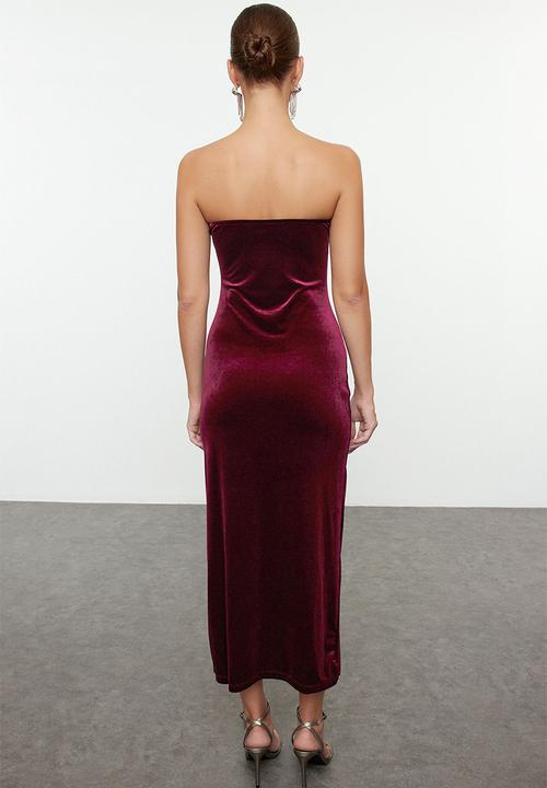 Trendyol - Velvet Strapless Dress - Burgundy 