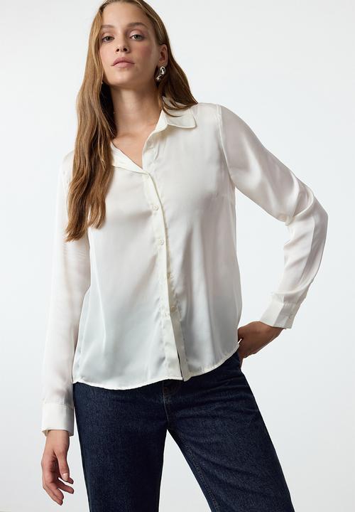 Trendyol - Satin fabric regular pattern woven shirt - white
