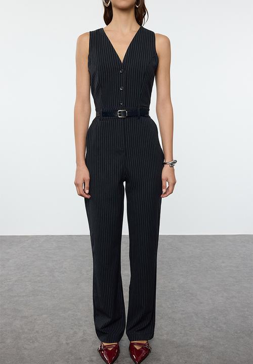 Trendyol - Belted Striped Long Jumpsuit - Navy Blue 