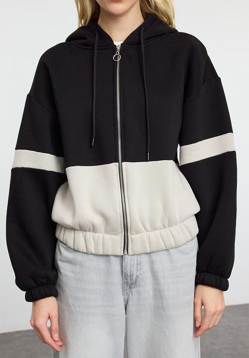 Trendyol - Black colour block zipper detailed oversize fit knitted sweatshirt