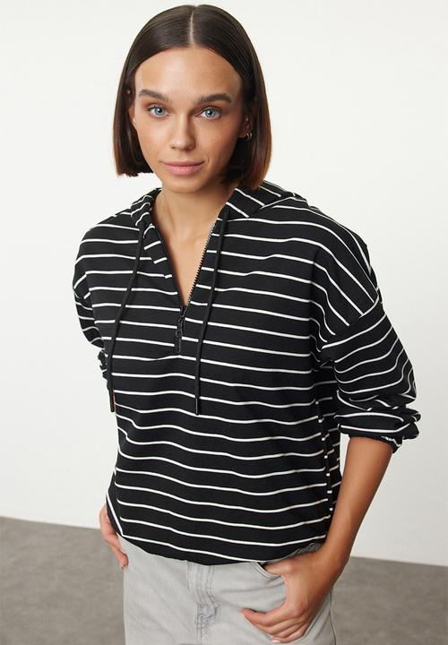 Trendyol - Black striped thin fabric hooded knitted sweatshirt