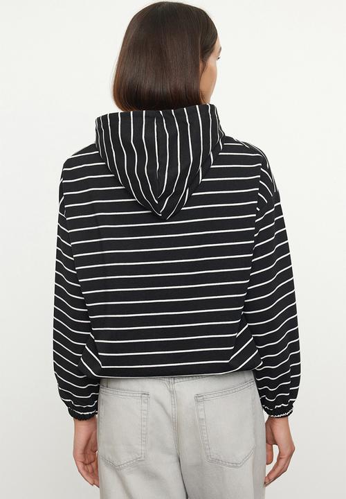 Trendyol - Black striped thin fabric hooded knitted sweatshirt