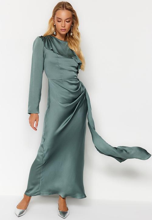 Trendyol - Khaki Shawl Detailed Satin Evening Dress