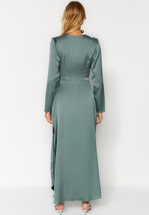 Trendyol - Khaki Shawl Detailed Satin Evening Dress