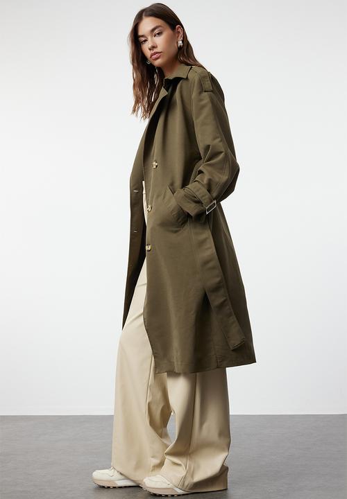 Trendyol - Khaki Long Trench Coat With Belt Windbreaker Detailed, Water-repellent