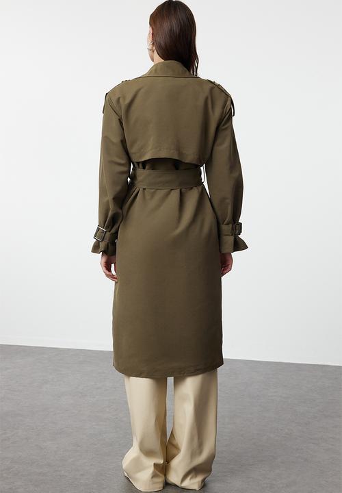 Trendyol - Khaki Long Trench Coat With Belt Windbreaker Detailed, Water-repellent