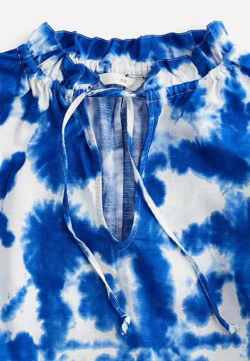 H&M - Drawstring-detail cotton dress - bright blue/patterned