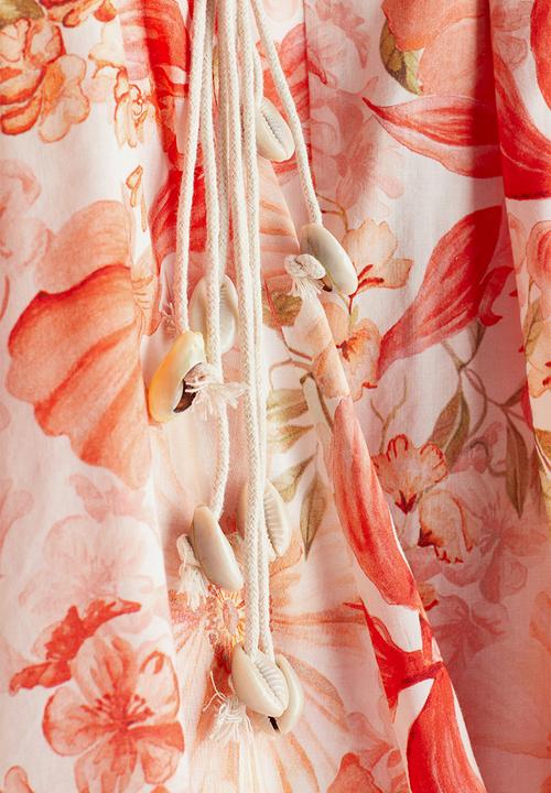 H&M - Macramé-belt dress - coral red floral