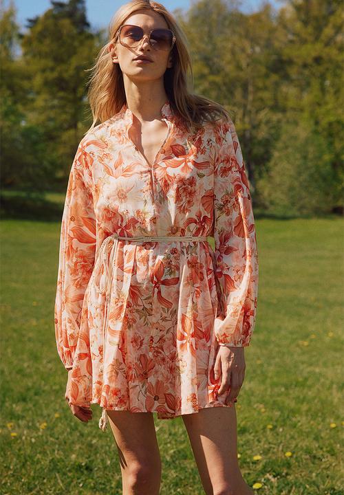 Macram-belt dress - coral red floral - 1229587010