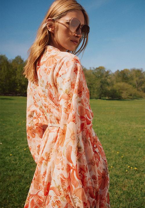H&M - Macramé-belt dress - coral red floral