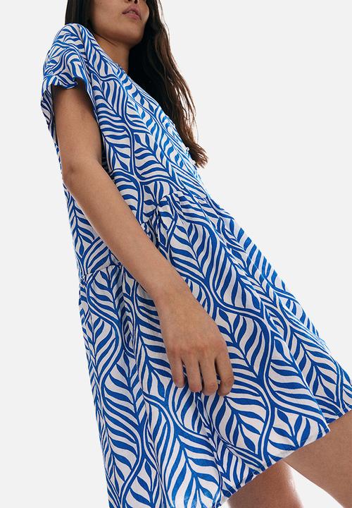 H&M - Crinkled tunic dress - blue & leaf-patterned