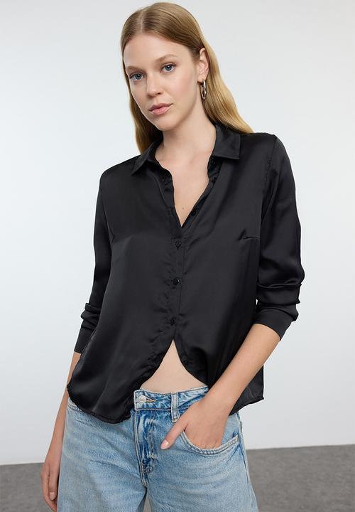 Trendyol - Black satin fabric regular pattern woven shirt