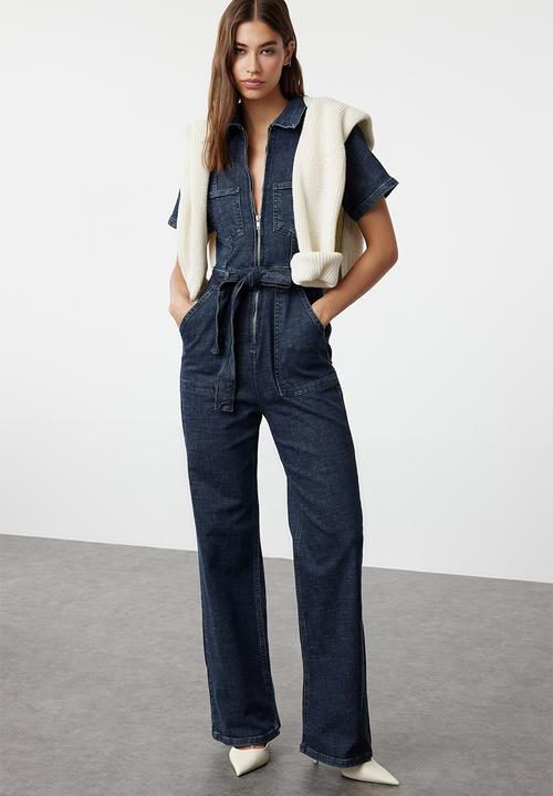 Trendyol - Dark Blue Belted Denim Overalls