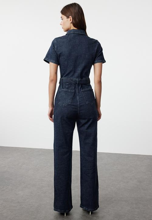 Trendyol - Dark Blue Belted Denim Overalls