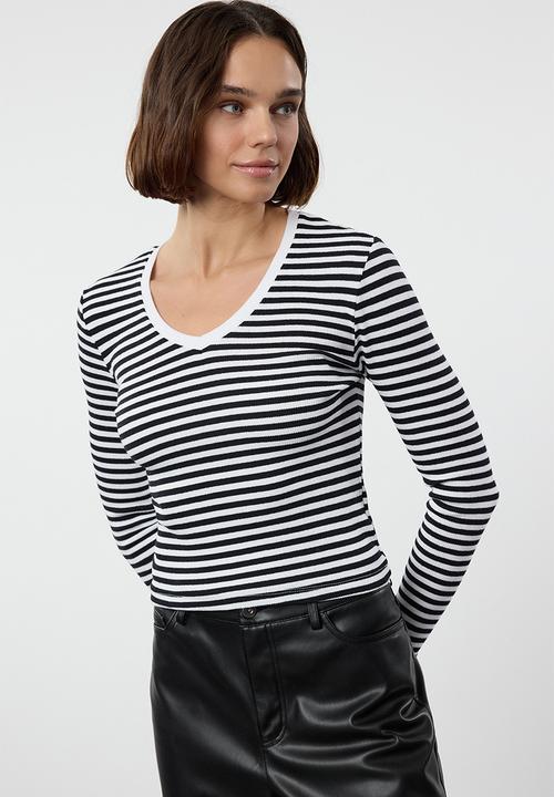Trendyol - Striped corded v-neck fitted long sleeve top - navy blue