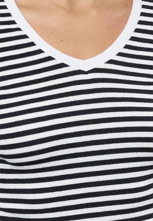 Trendyol - Striped corded v-neck fitted long sleeve top - navy blue