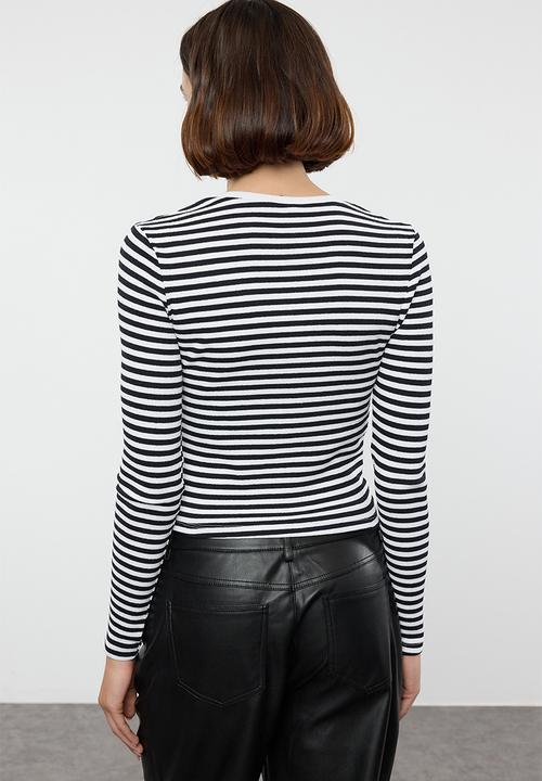 Trendyol - Striped corded v-neck fitted long sleeve top - navy blue
