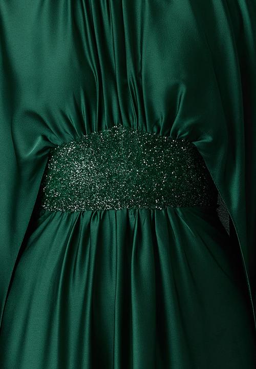 Trendyol - Dark Green Satin Stone Detailed Evening Dress