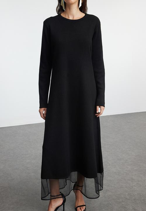 Trendyol - Black Tulle Detailed Skirt Knit Dress