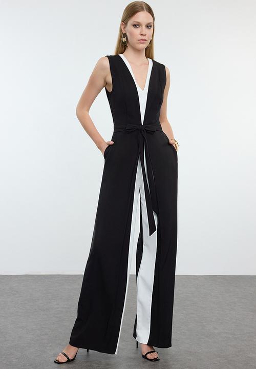 Trendyol - Black-White Belt Detailed Woven Overalls