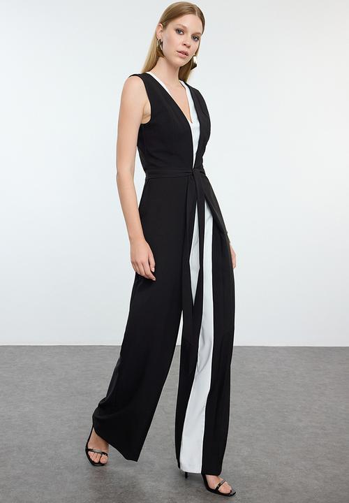 Trendyol - Black-White Belt Detailed Woven Overalls