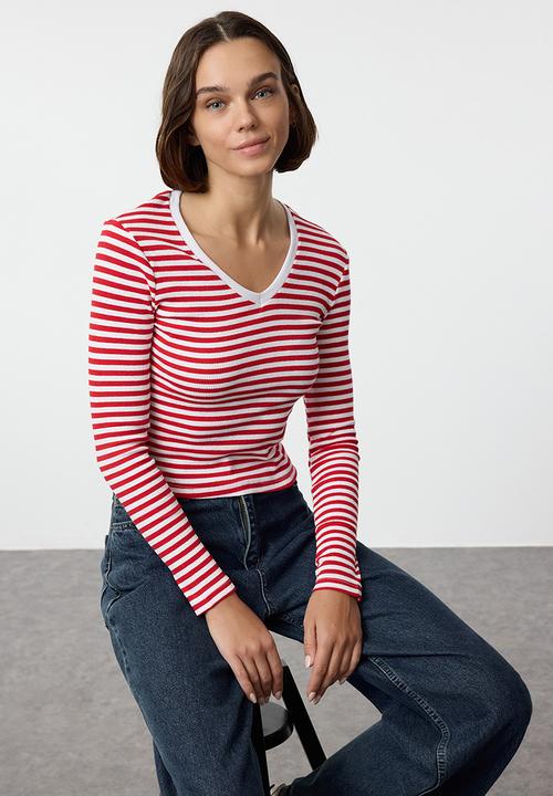 Trendyol - Red stripe corded v-neck top