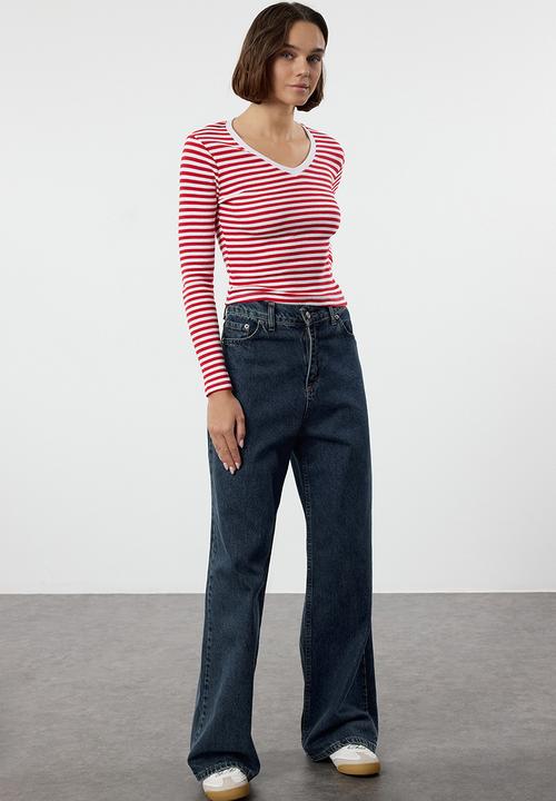 Trendyol - Red stripe corded v-neck top