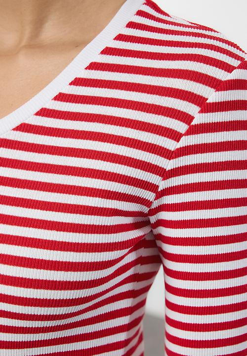 Trendyol - Red stripe corded v-neck top