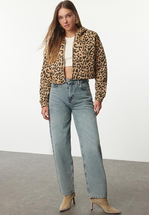 Trendyol - Animal leopard patterned crop hooded knitted sweatshirt