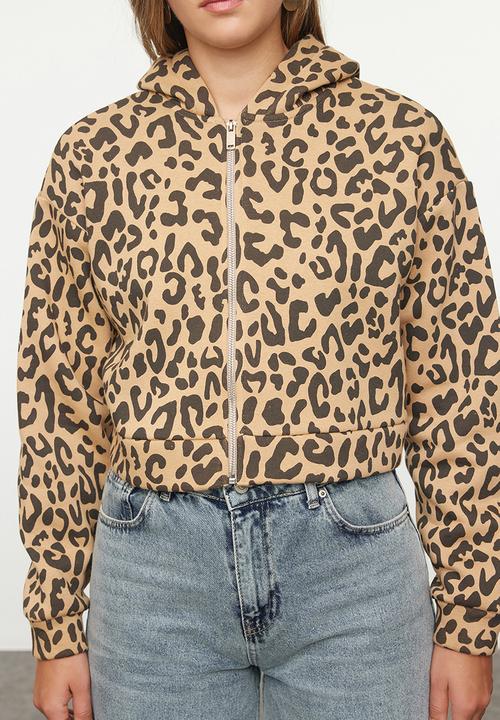 Trendyol - Animal leopard patterned crop hooded knitted sweatshirt