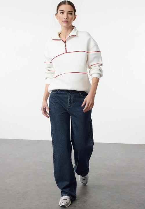 Trendyol - Ecru ribbed detailed zippered collar oversize knitted sweatshirt