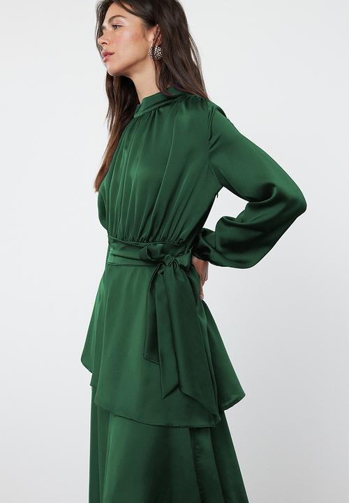 Trendyol - Dark Green Tiered Satin Evening Dress