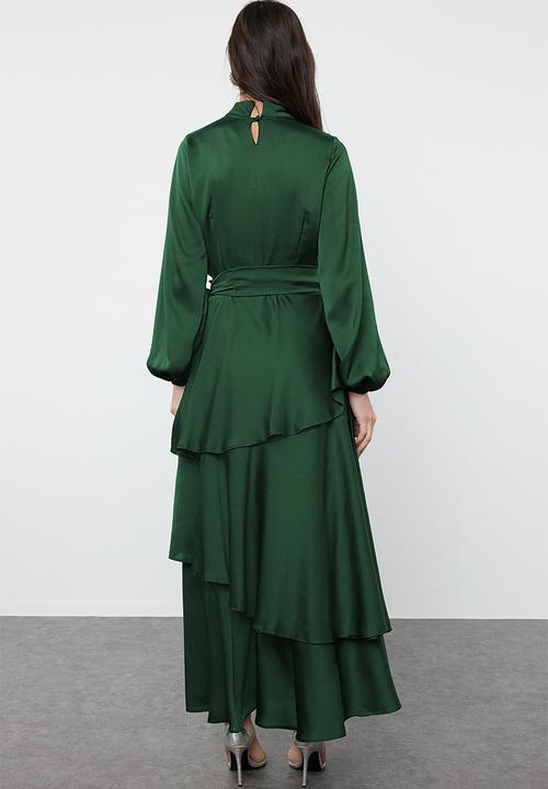 Trendyol - Dark Green Tiered Satin Evening Dress