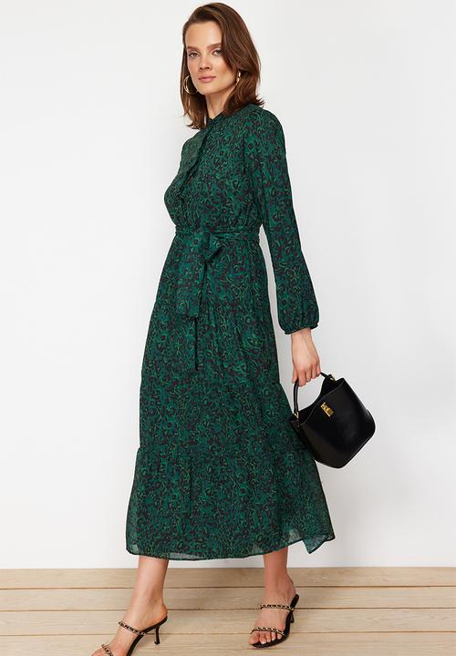 Trendyol - Patterned Sash Detailed Lined Chiffon Woven Dress - dark green