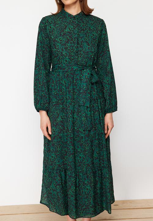 Trendyol - Patterned Sash Detailed Lined Chiffon Woven Dress - dark green