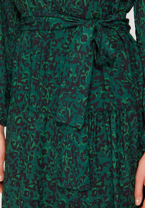 Trendyol - Patterned Sash Detailed Lined Chiffon Woven Dress - dark green
