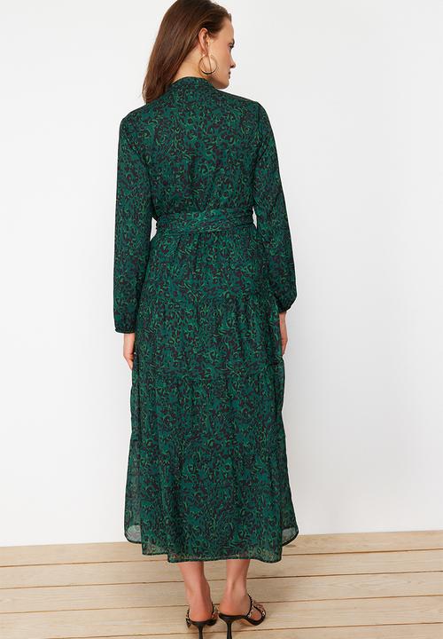 Trendyol - Patterned Sash Detailed Lined Chiffon Woven Dress - dark green