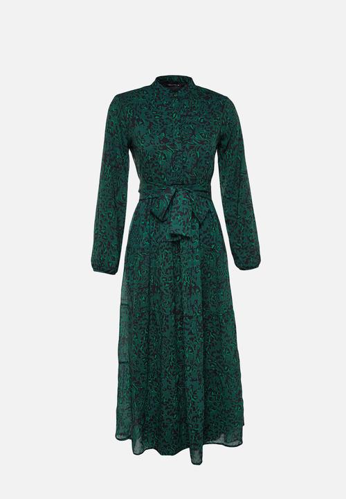 Trendyol - Patterned Sash Detailed Lined Chiffon Woven Dress - dark green