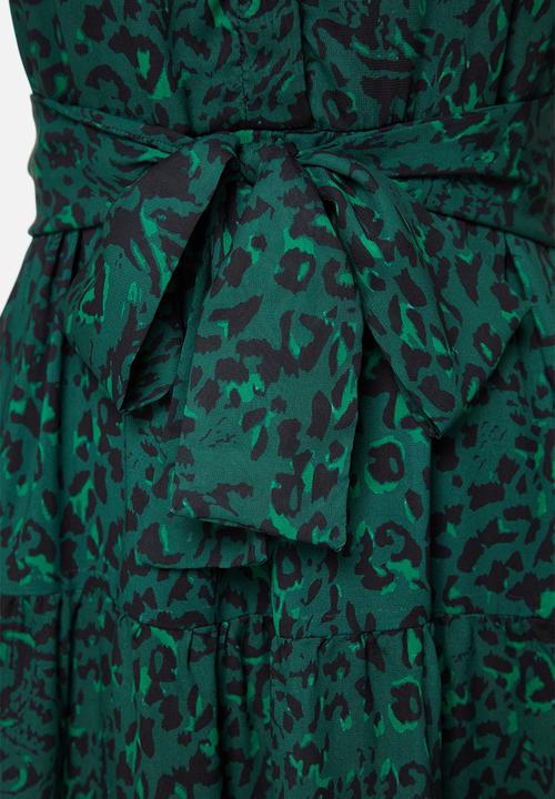 Trendyol - Patterned Sash Detailed Lined Chiffon Woven Dress - dark green