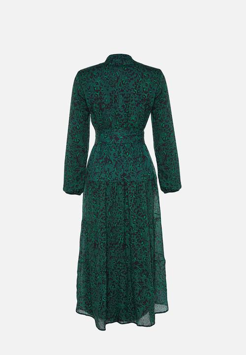 Trendyol - Patterned Sash Detailed Lined Chiffon Woven Dress - dark green