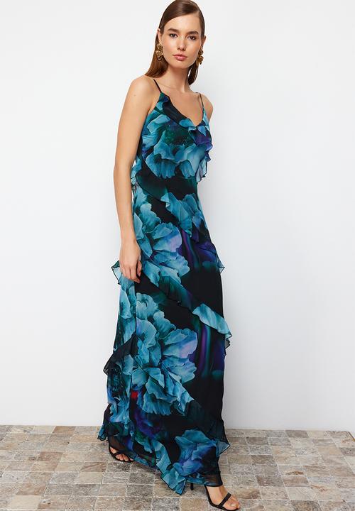 Trendyol - Ruffled Woven Long Evening Dress - blue