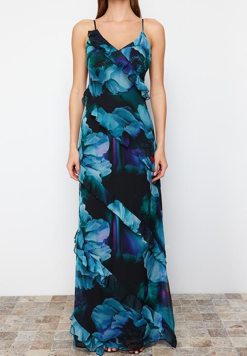 Trendyol - Ruffled Woven Long Evening Dress - blue