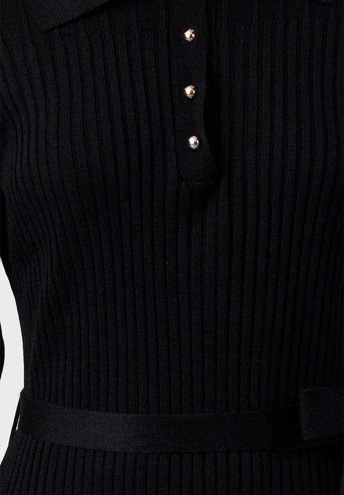 Trendyol - Belted Polo Neck Ribbed Knit Dress - Black 