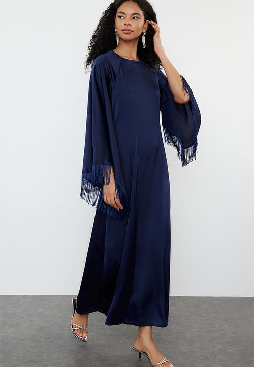 Trendyol - Ostrich Feather Detailed Evening Dress - Navy Blue 