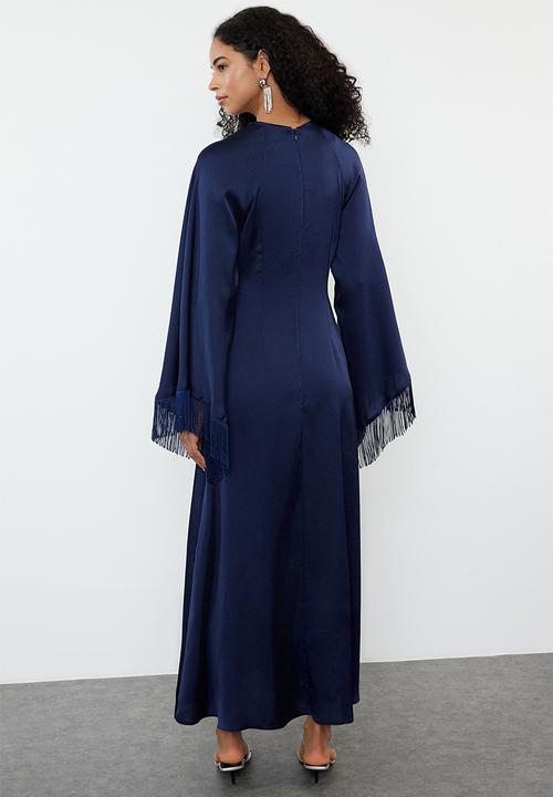 Trendyol - Ostrich Feather Detailed Evening Dress - Navy Blue 