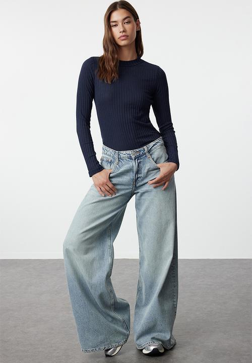 Trendyol - Navy blue high collar ribbed flexible slim fit knitted top