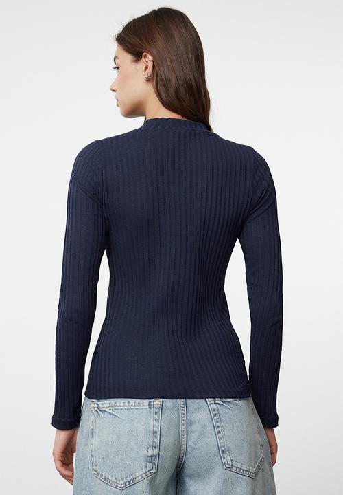 Trendyol - Navy blue high collar ribbed flexible slim fit knitted top